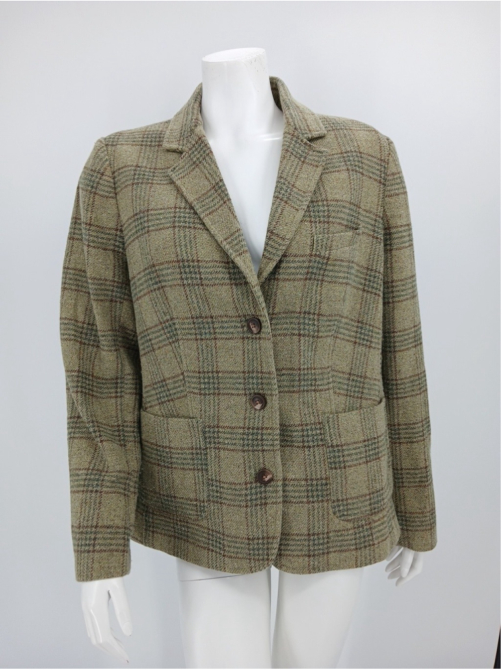 VTG LL Bean Women's Plaid Blazer Wool Silk Blend Olive Green Academic Size L